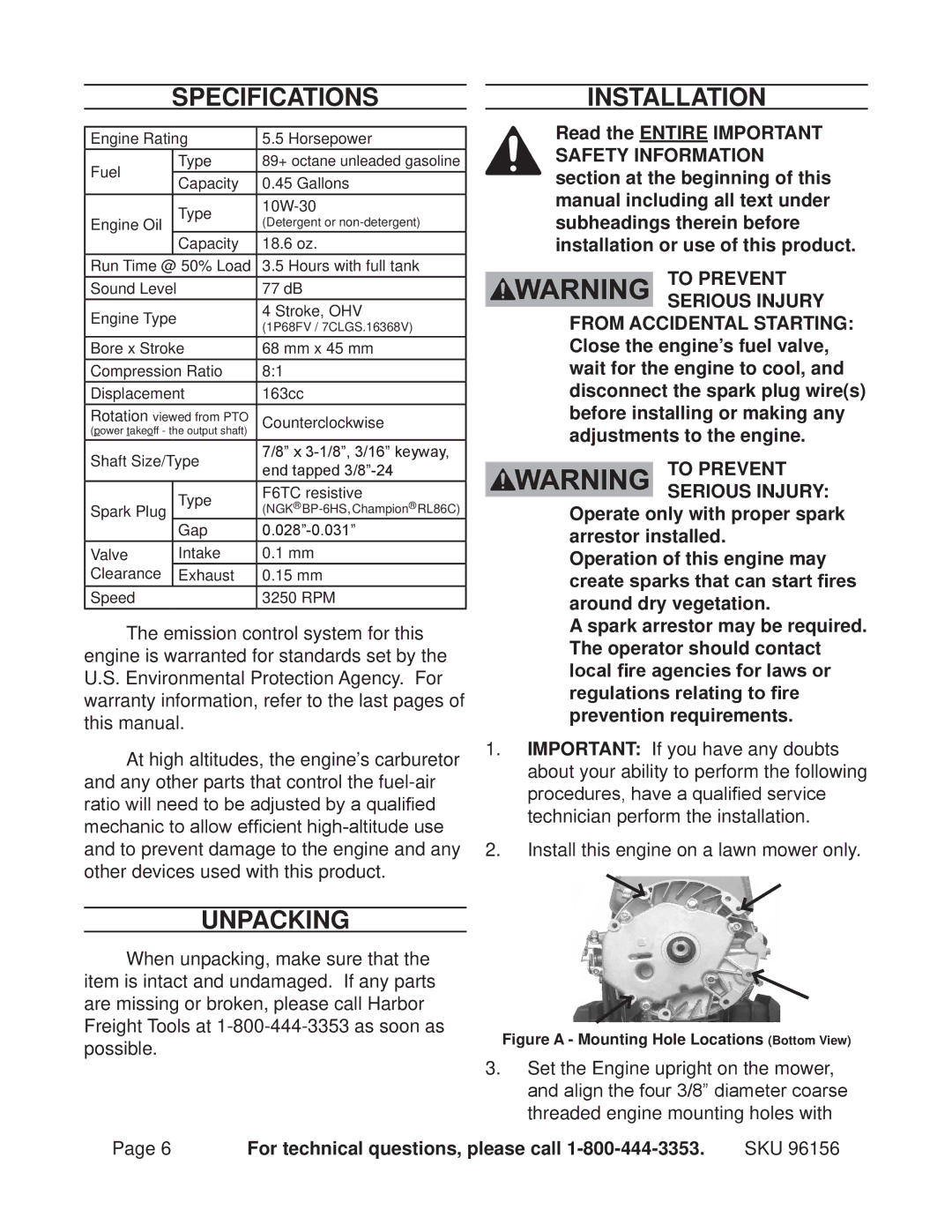 Harbor Freight Tools 96156 manual Specifications, Unpacking, Installation 