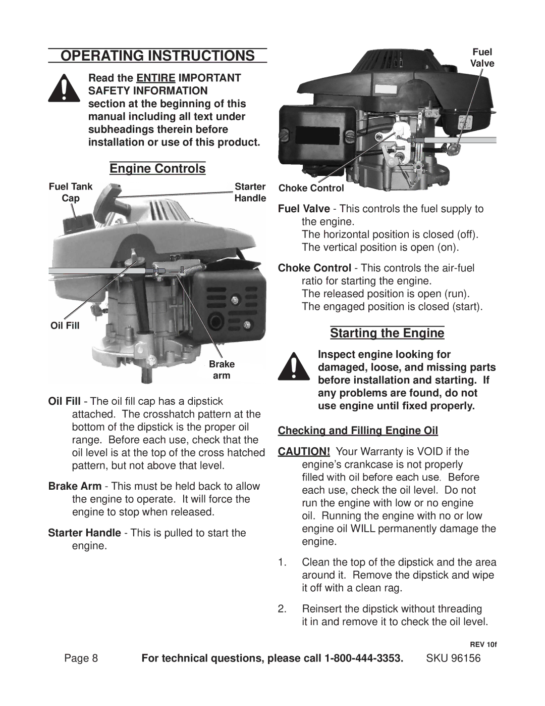 Harbor Freight Tools 96156 manual Operating Instructions, Starting the Engine 