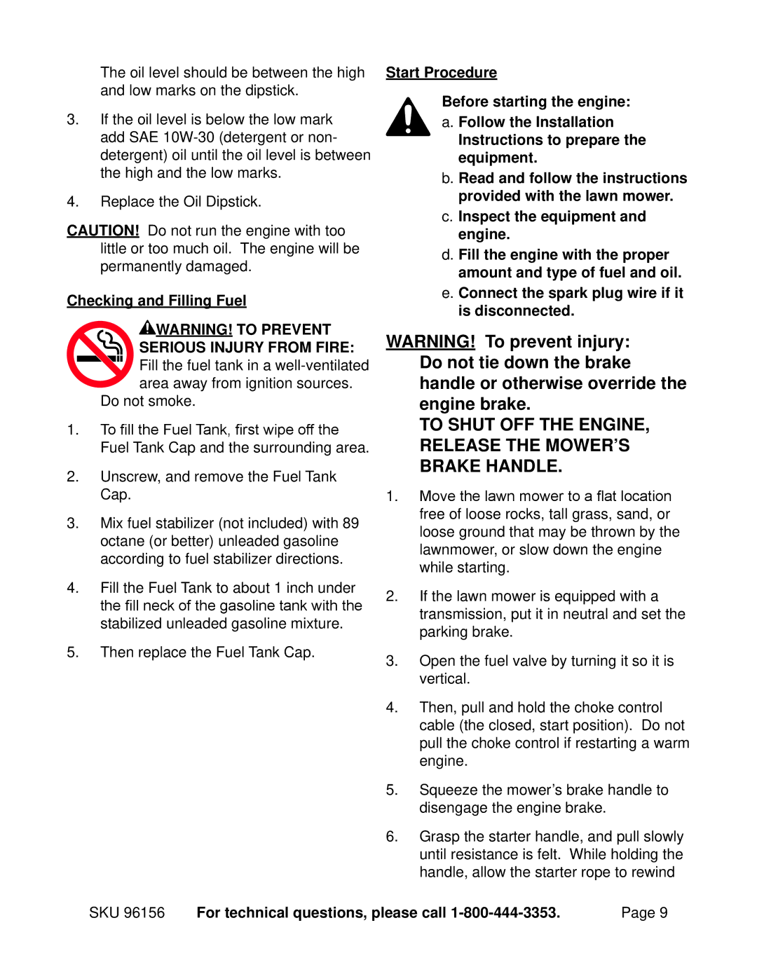 Harbor Freight Tools 96156 manual To shut off the engine, release the mower’s brake handle, Checking and Filling Fuel 