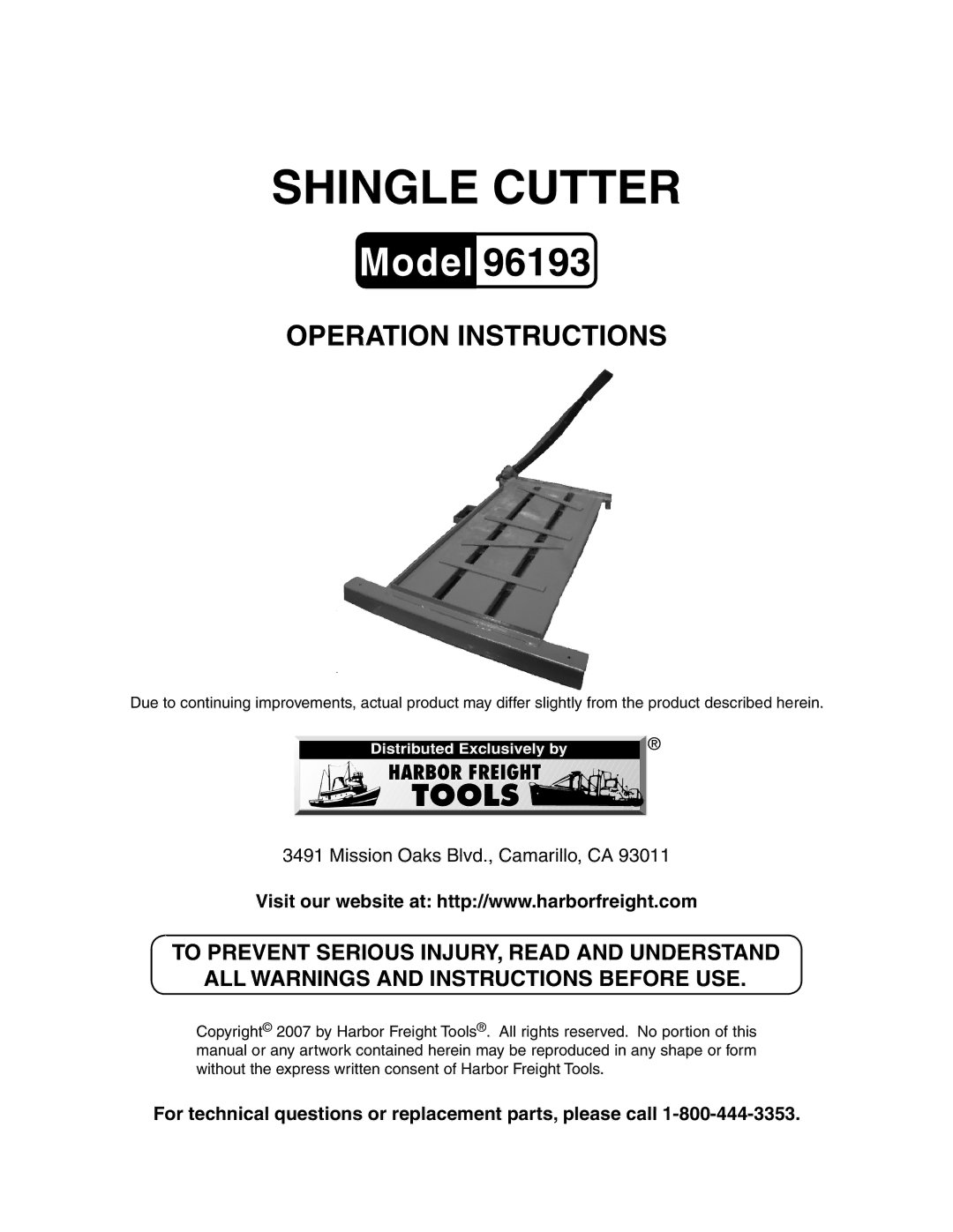 Harbor Freight Tools 96193 manual Shingle cutter, For technical questions or replacement parts, please call 