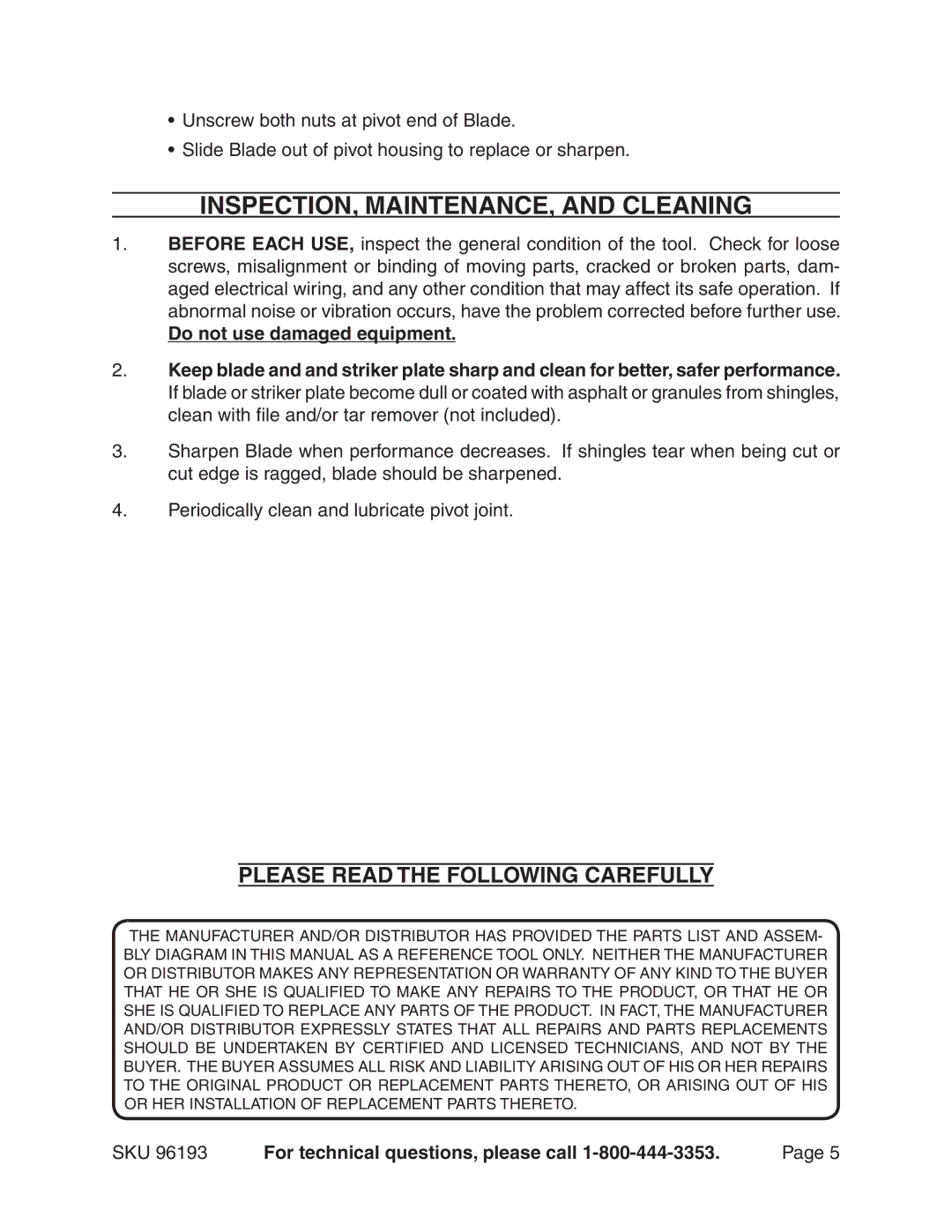 Harbor Freight Tools 96193 manual INSPECTION, MAINTENANCE, and Cleaning, Do not use damaged equipment 