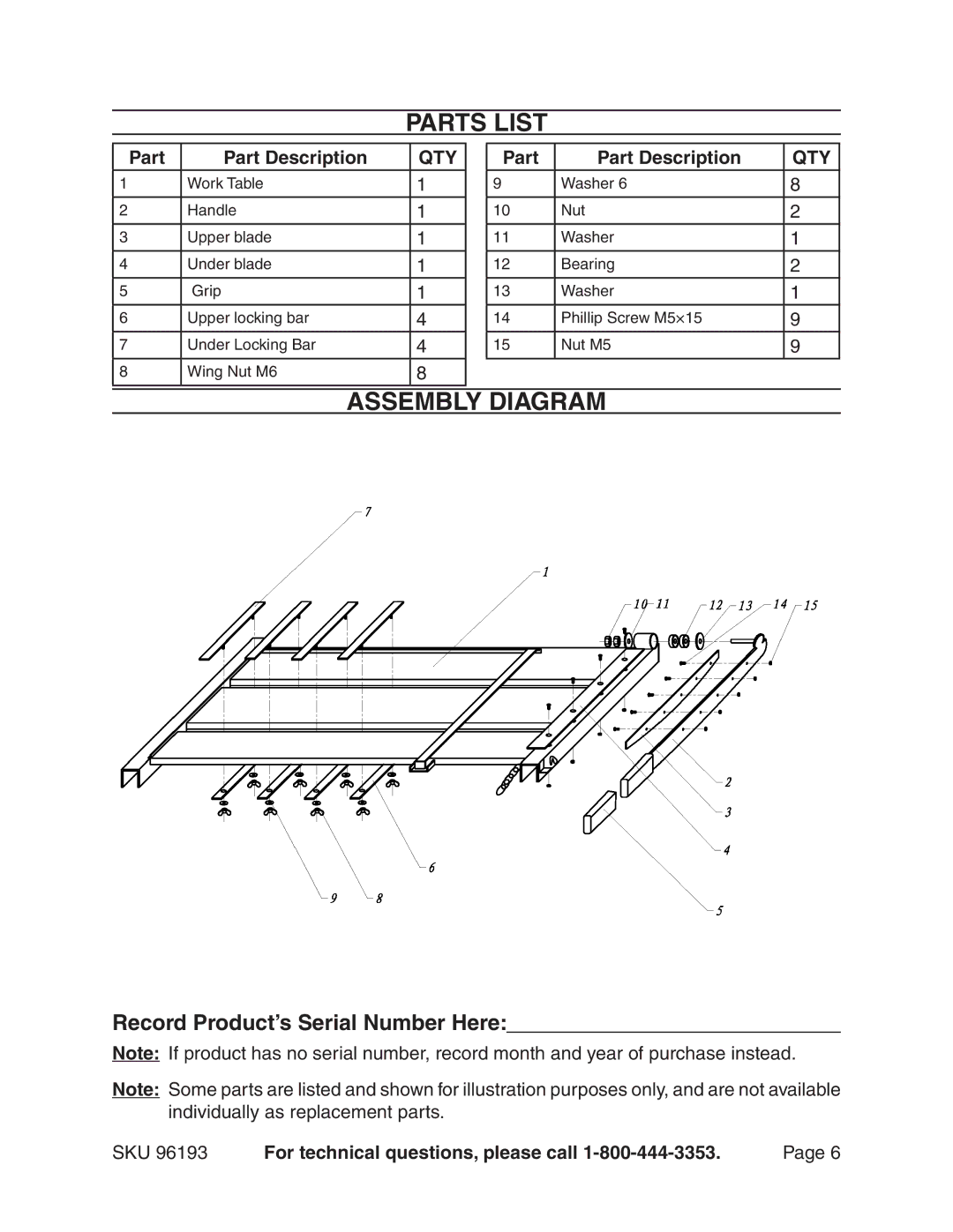 Harbor Freight Tools 96193 manual Parts list, Assembly diagram, Record Product’s Serial Number Here, Part Part Description 