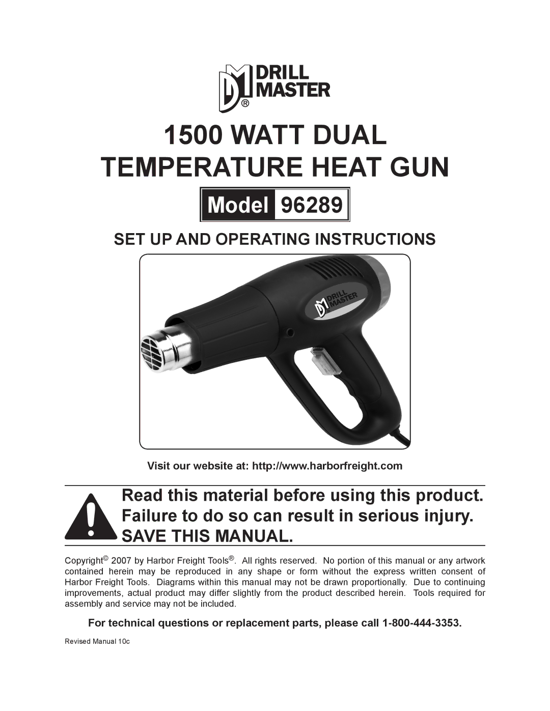 Harbor Freight Tools 96289 operating instructions Watt Dual Temperature Heat GUN 