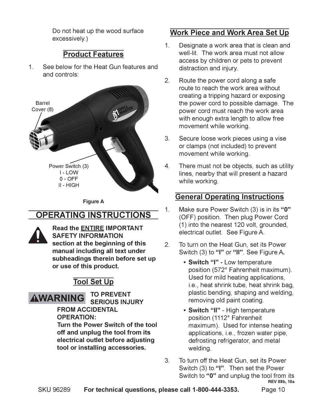 Harbor Freight Tools 96289 Operating Instructions, Product Features, Tool Set Up, Work Piece and Work Area Set Up 