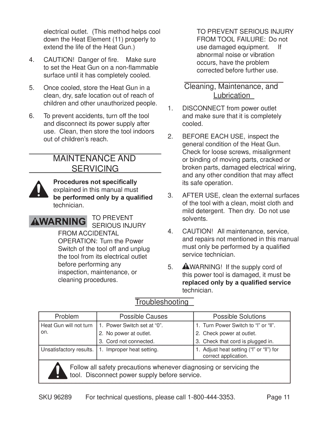 Harbor Freight Tools 96289 Maintenance Servicing, Cleaning, Maintenance, Lubrication, Troubleshooting 