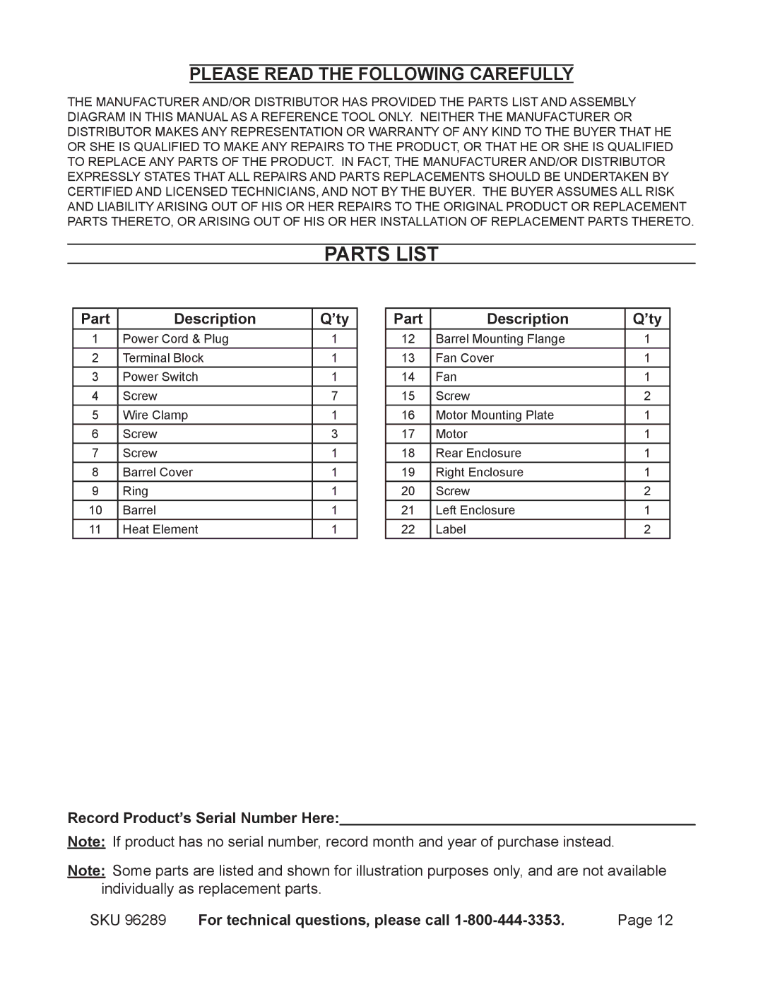 Harbor Freight Tools 96289 operating instructions Parts List, Part Description ’ty, Record Product’s Serial Number Here 