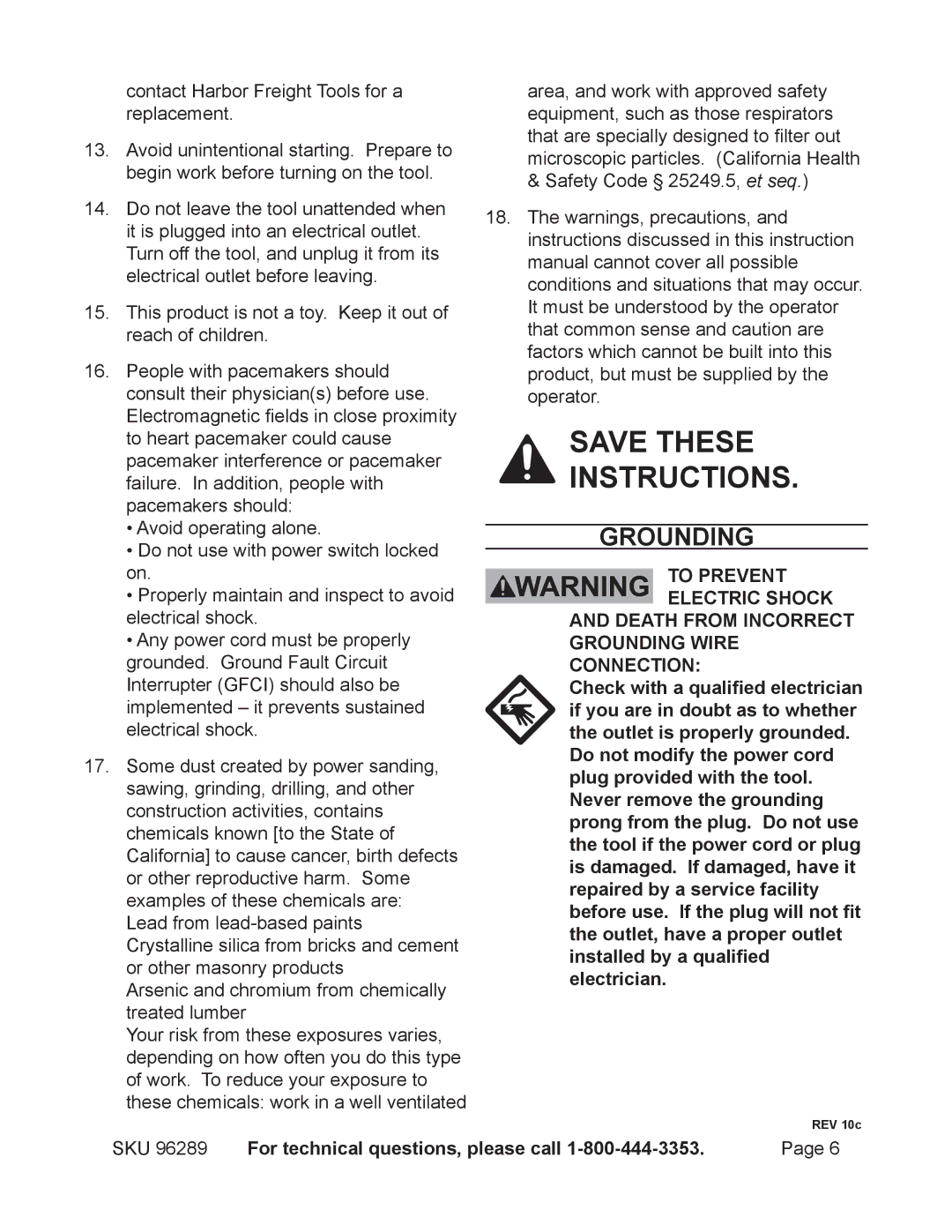 Harbor Freight Tools 96289 operating instructions Grounding 