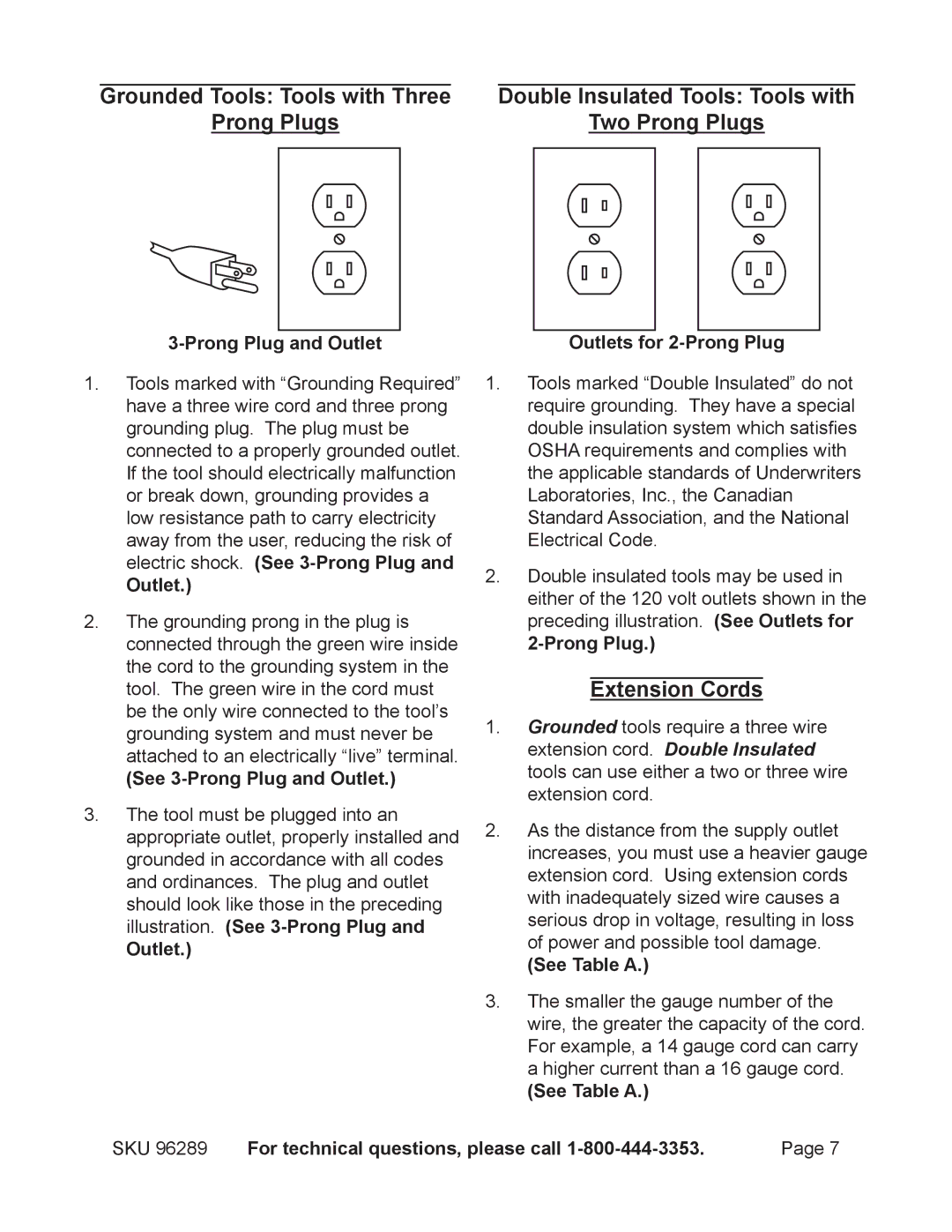 Harbor Freight Tools 96289 operating instructions Extension Cords 