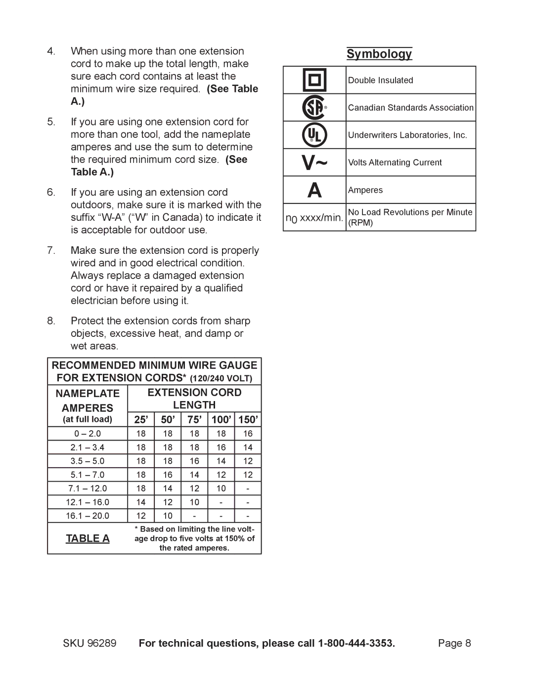 Harbor Freight Tools 96289 operating instructions Symbology, Table a, 25’ 50’ 75’ 100’ 150’ 