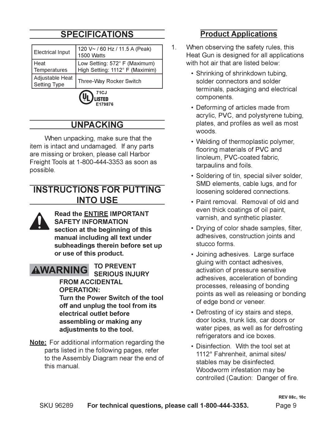 Harbor Freight Tools 96289 Specifications, Unpacking, Instructions for putting Into use, Product Applications 