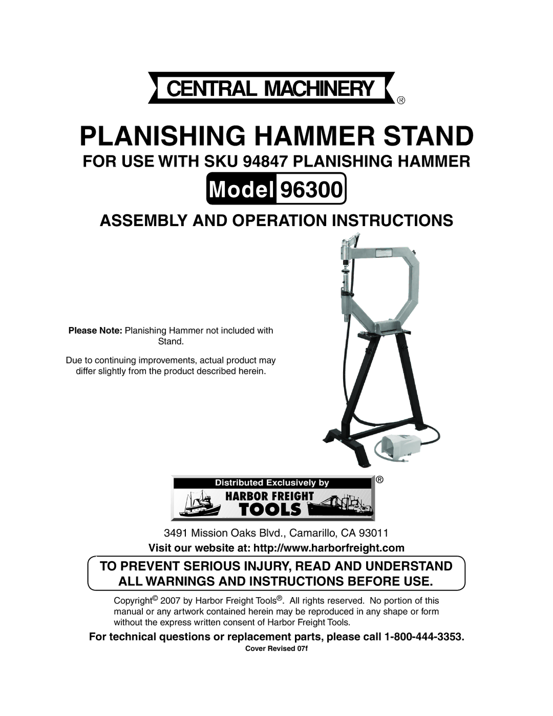 Harbor Freight Tools 96300 manual Planishing hammer stand 