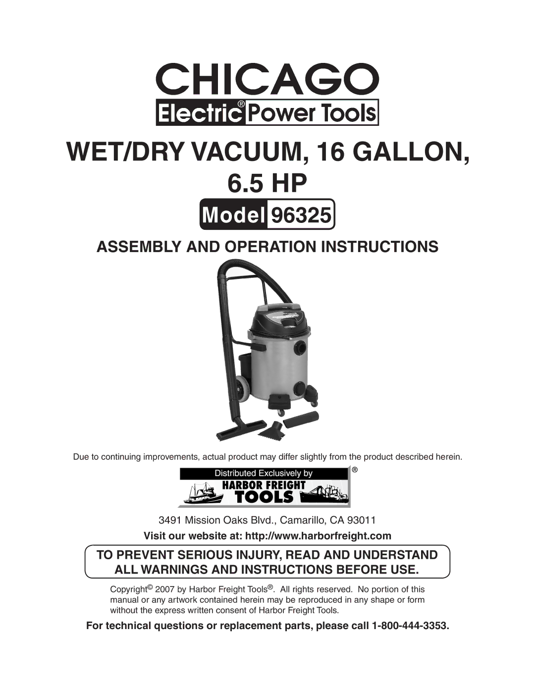 Harbor Freight Tools 96325 manual Wet/dry vacuum, 16 gallon, For technical questions or replacement parts, please call 