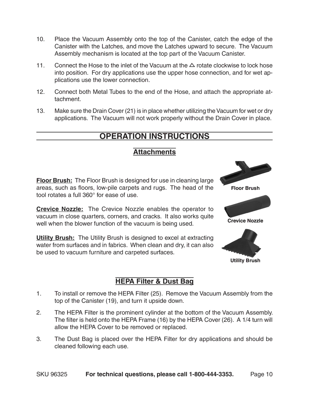 Harbor Freight Tools 96325 manual Operation Instructions, Attachments, Hepa Filter & Dust Bag 