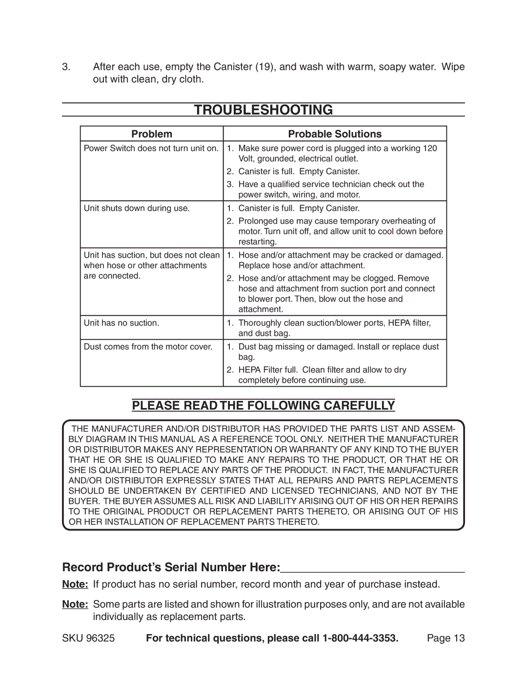 Harbor Freight Tools 96325 manual Troubleshooting, Record Product’s Serial Number Here, Problem Probable Solutions 