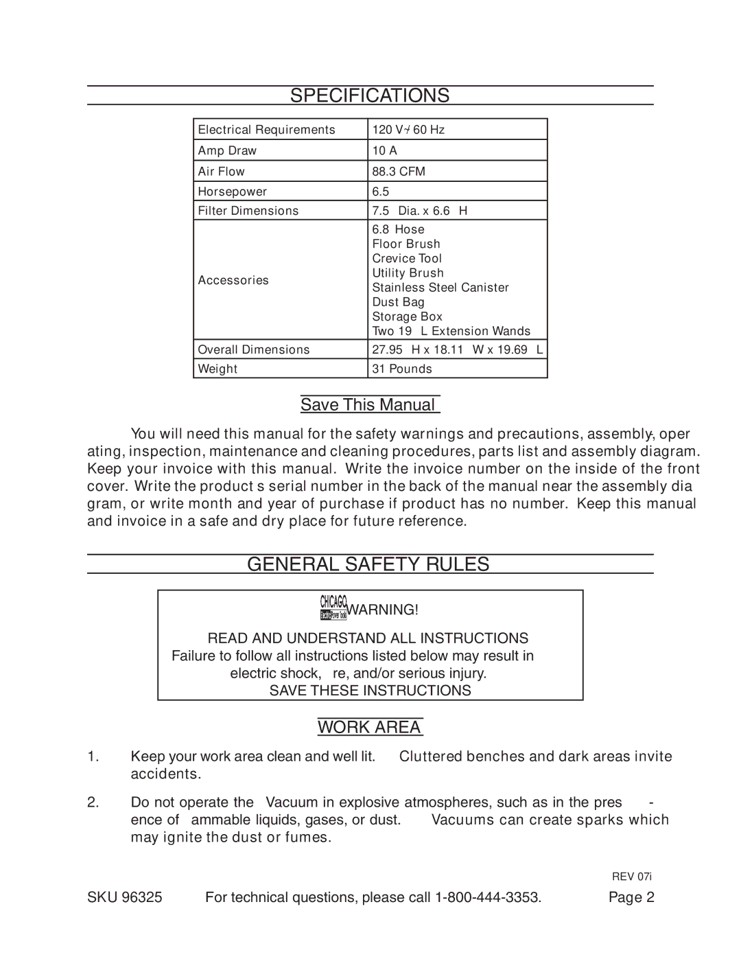 Harbor Freight Tools 96325 manual Specifications, General Safety Rules, Save This Manual, Work Area 