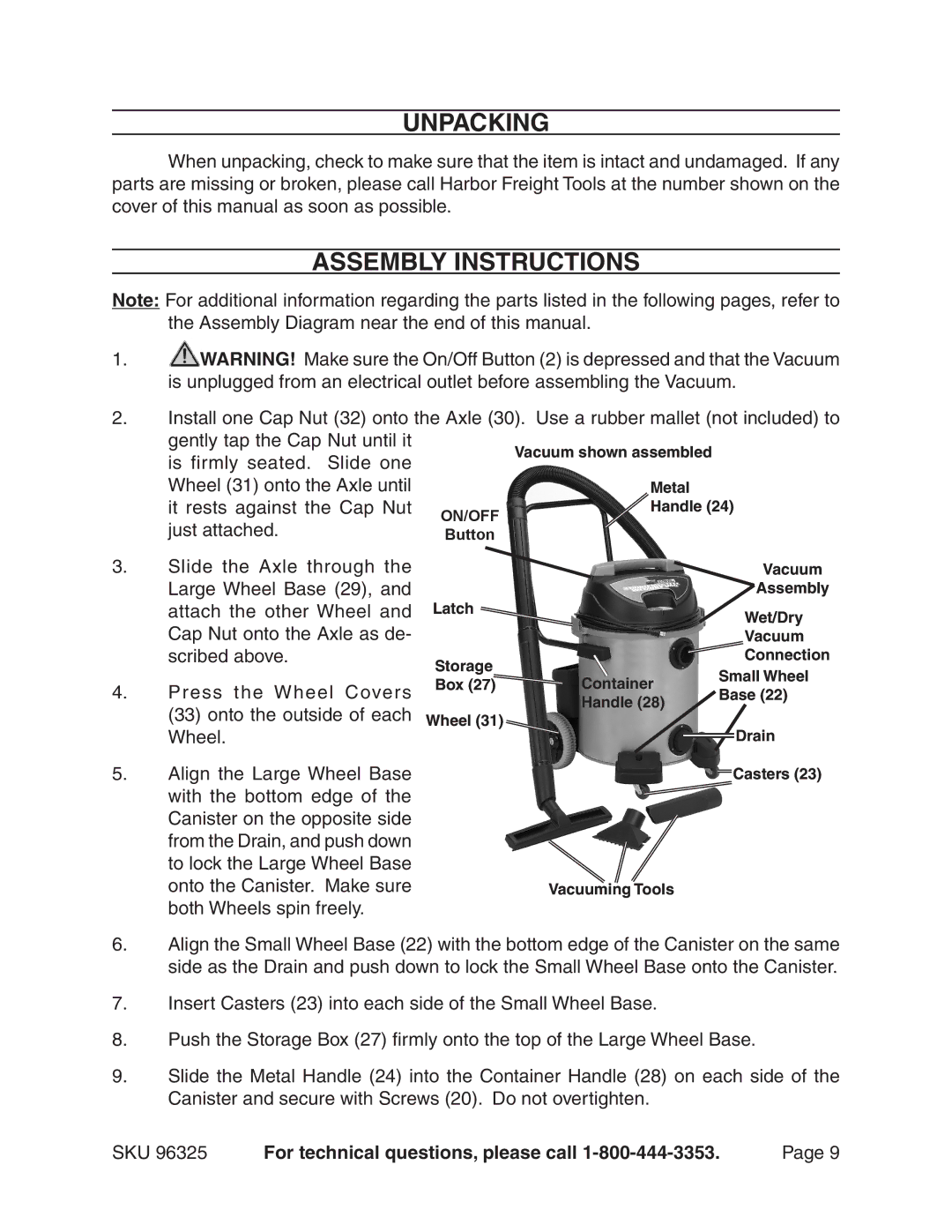 Harbor Freight Tools 96325 manual Unpacking, Assembly Instructions 