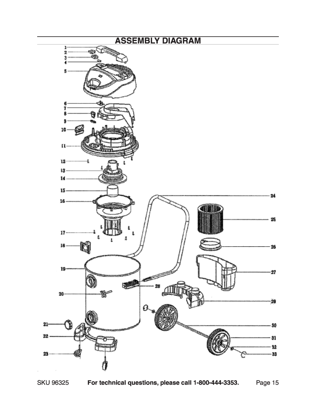 Harbor Freight Tools 96325 manual Assembly Diagram, For technical questions, please call, Page 