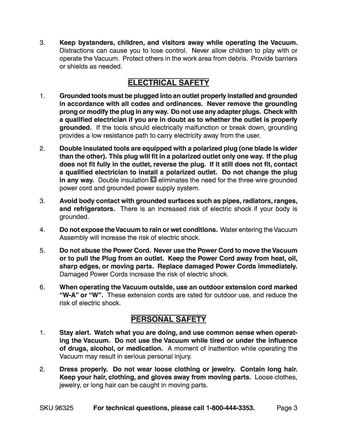 Harbor Freight Tools 96325 manual Electrical Safety, Personal Safety, For technical questions, please call 
