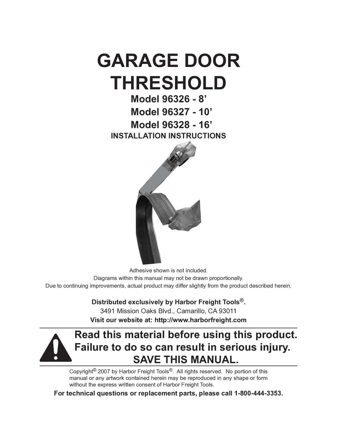 Harbor Freight Tools 96327, 96326, 96328, 96329 installation instructions Garage door Threshold, Installation Instructions 