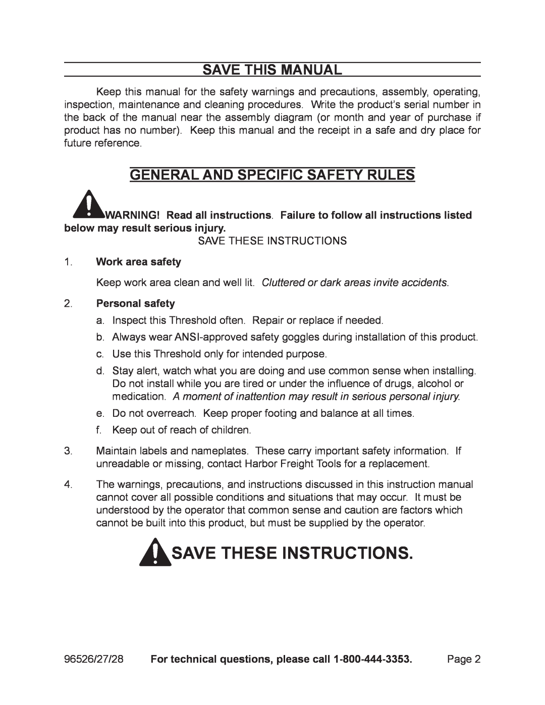 Harbor Freight Tools 96328 Save these instructions, Save This Manual, General and specific Safety Rules, Work area safety 