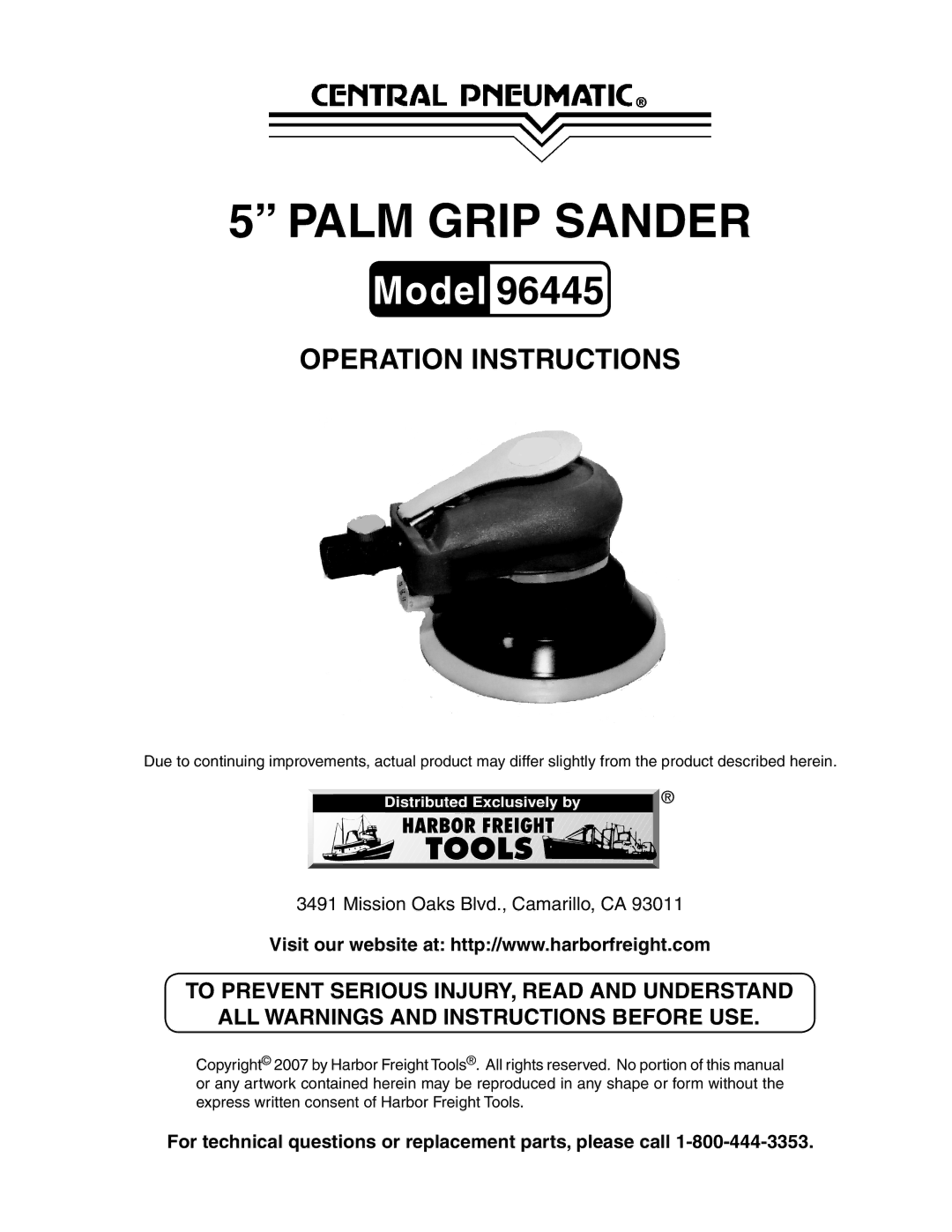 Harbor Freight Tools 96445 manual Palm grip sander, For technical questions or replacement parts, please call 