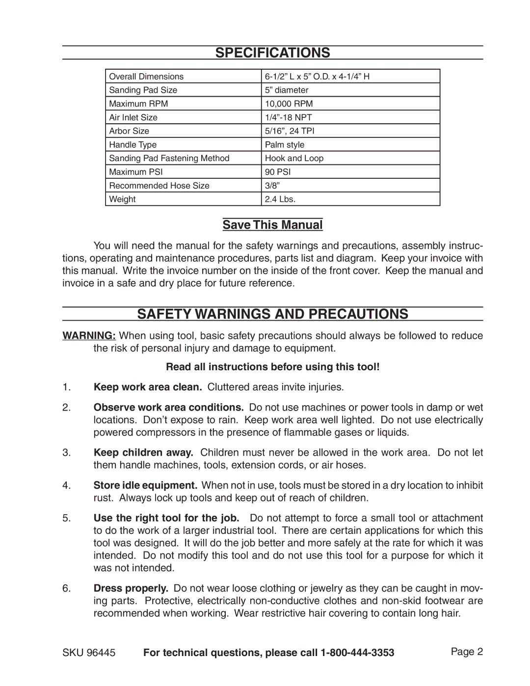 Harbor Freight Tools 96445 Specifications, Safety Warnings and Precautions, Read all instructions before using this tool 