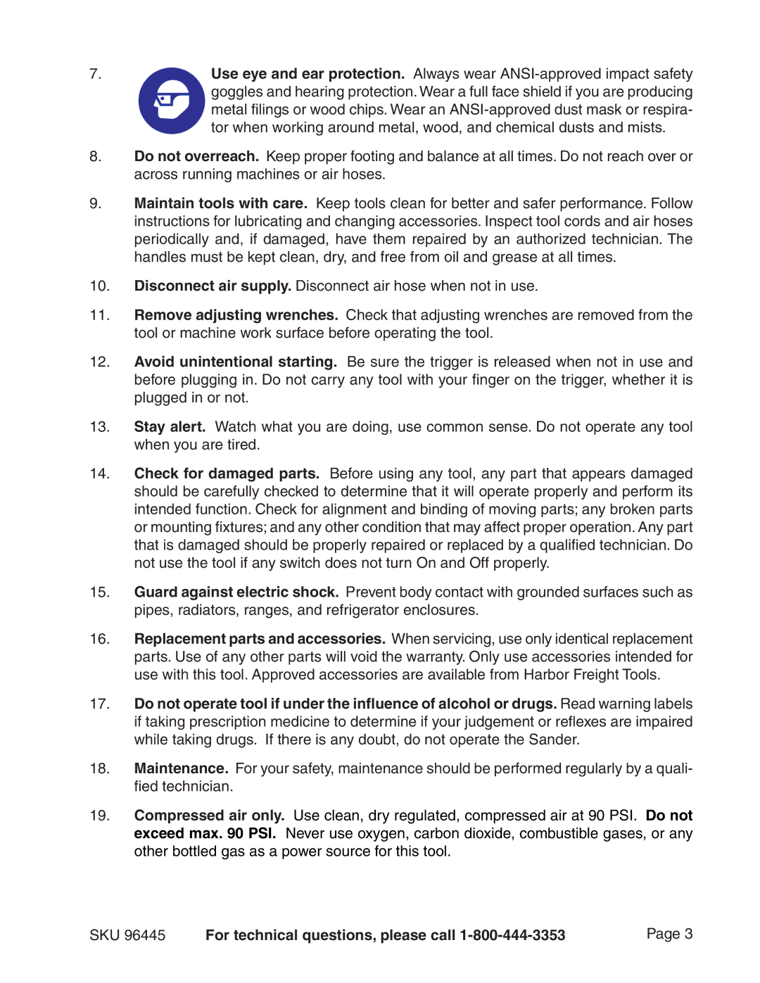 Harbor Freight Tools 96445 manual SKU For technical questions, please call 
