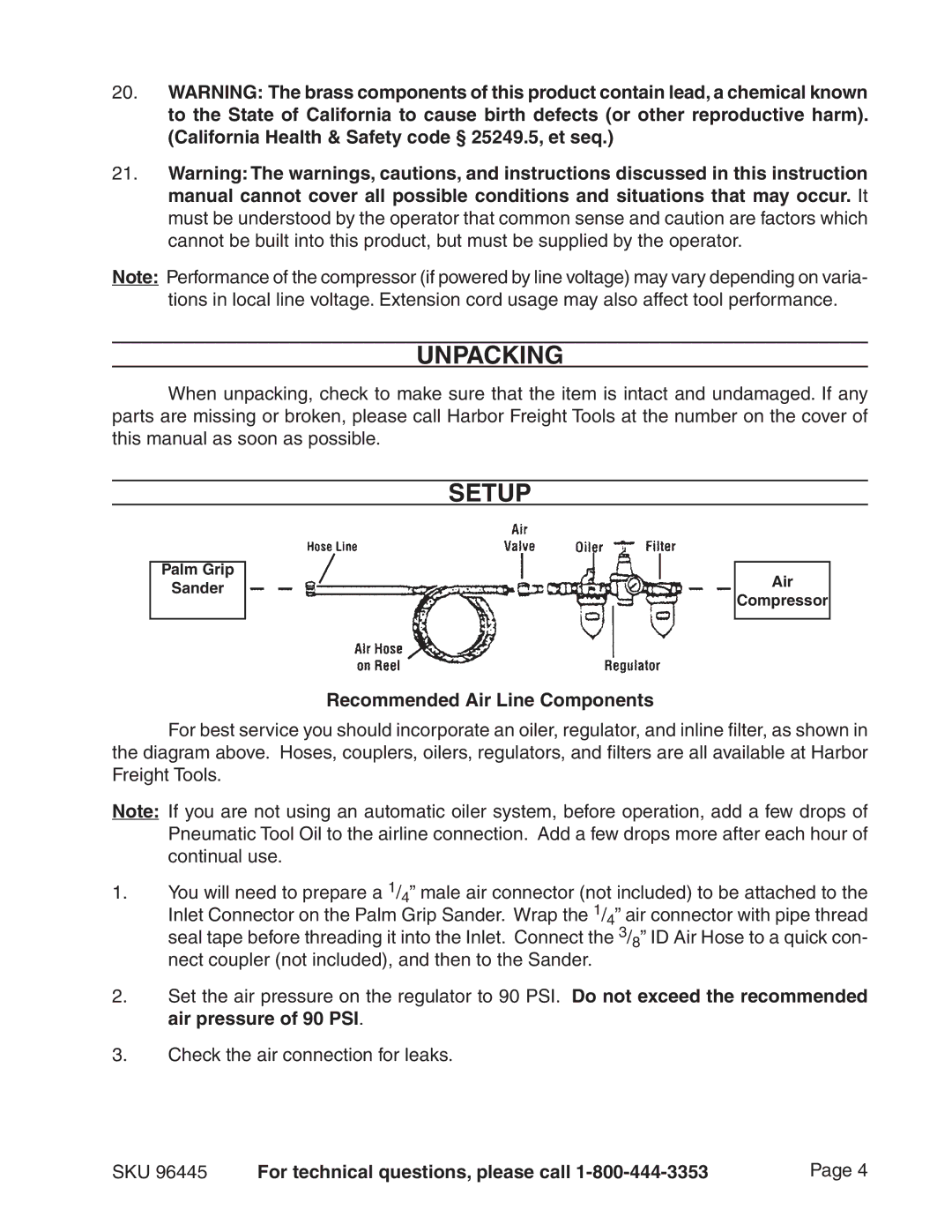 Harbor Freight Tools 96445 manual Unpacking, Setup, Recommended Air Line Components 