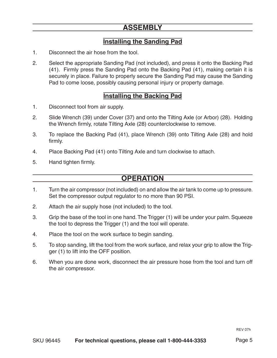 Harbor Freight Tools 96445 manual Assembly, Operation 