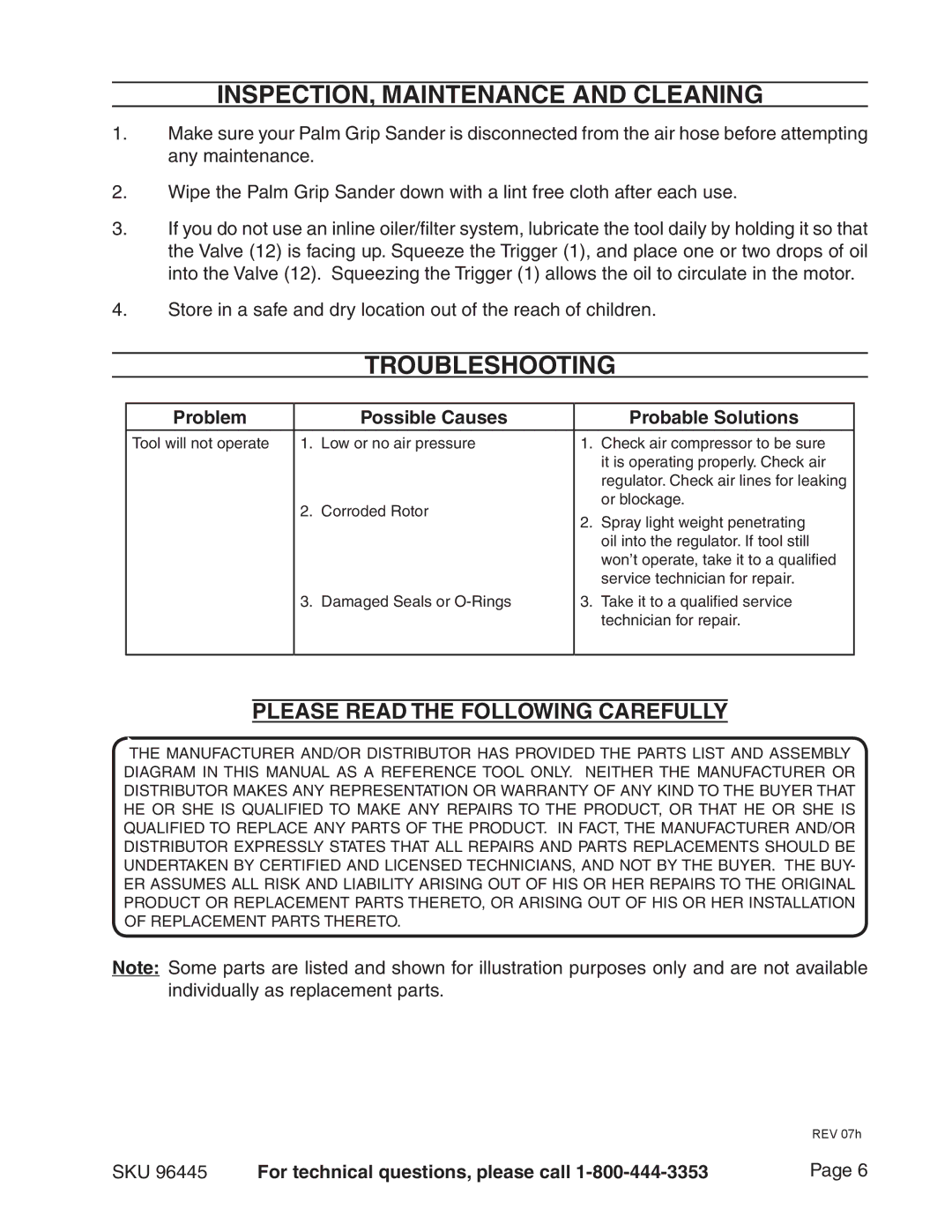 Harbor Freight Tools 96445 manual Inspection, Maintenance and cleaning, Troubleshooting 