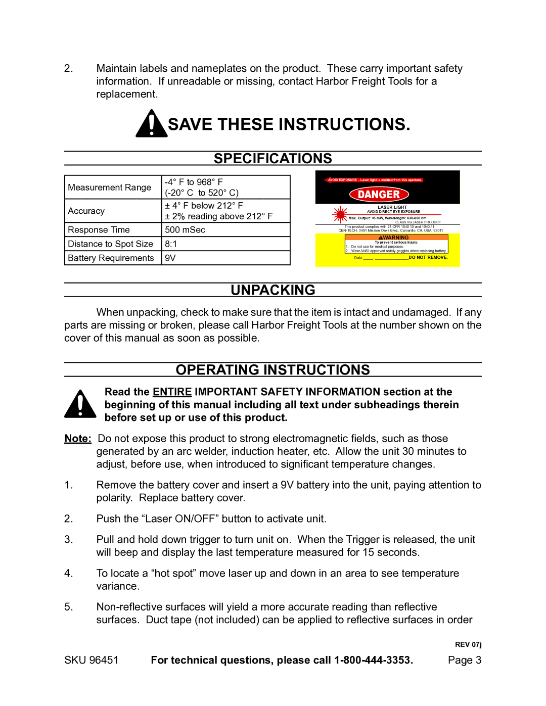 Harbor Freight Tools 96451 operating instructions Specifications, Unpacking, Operating Instructions 