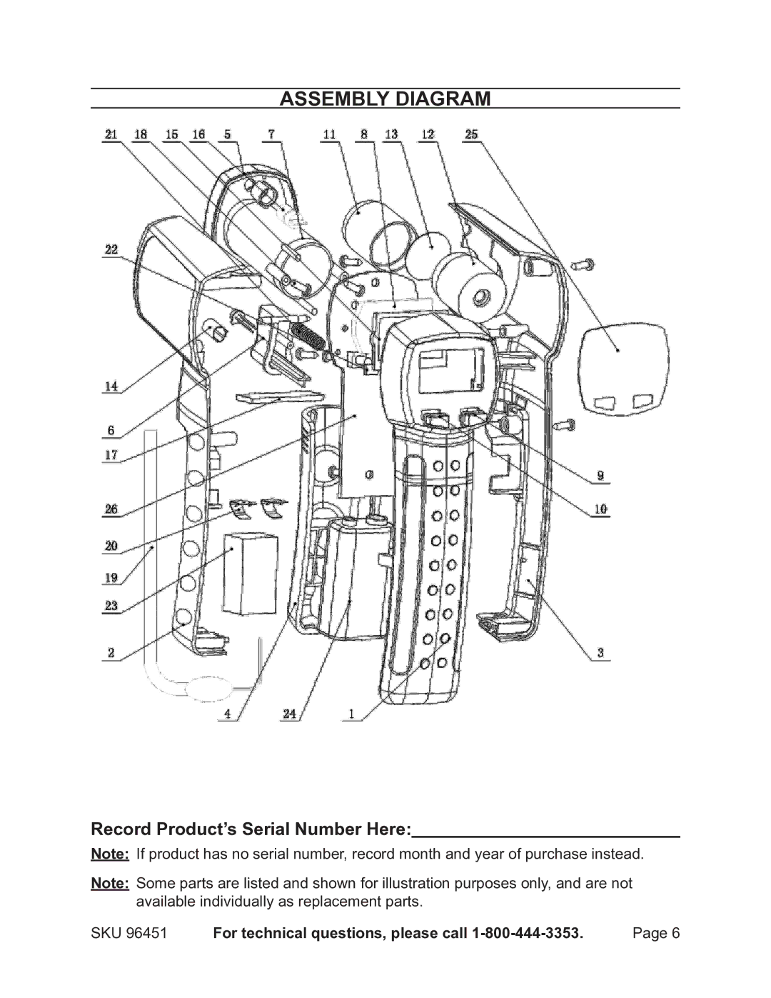 Harbor Freight Tools 96451 operating instructions Assembly Diagram, Record Product’s Serial Number Here 