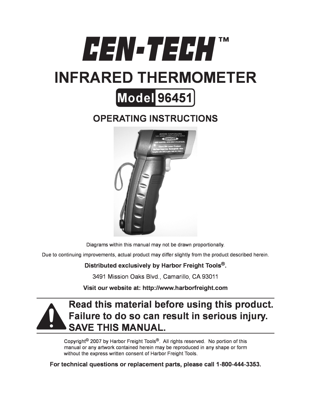 Harbor Freight Tools 96451 operating instructions Distributed exclusively by Harbor Freight Tools, Infrared thermometer 