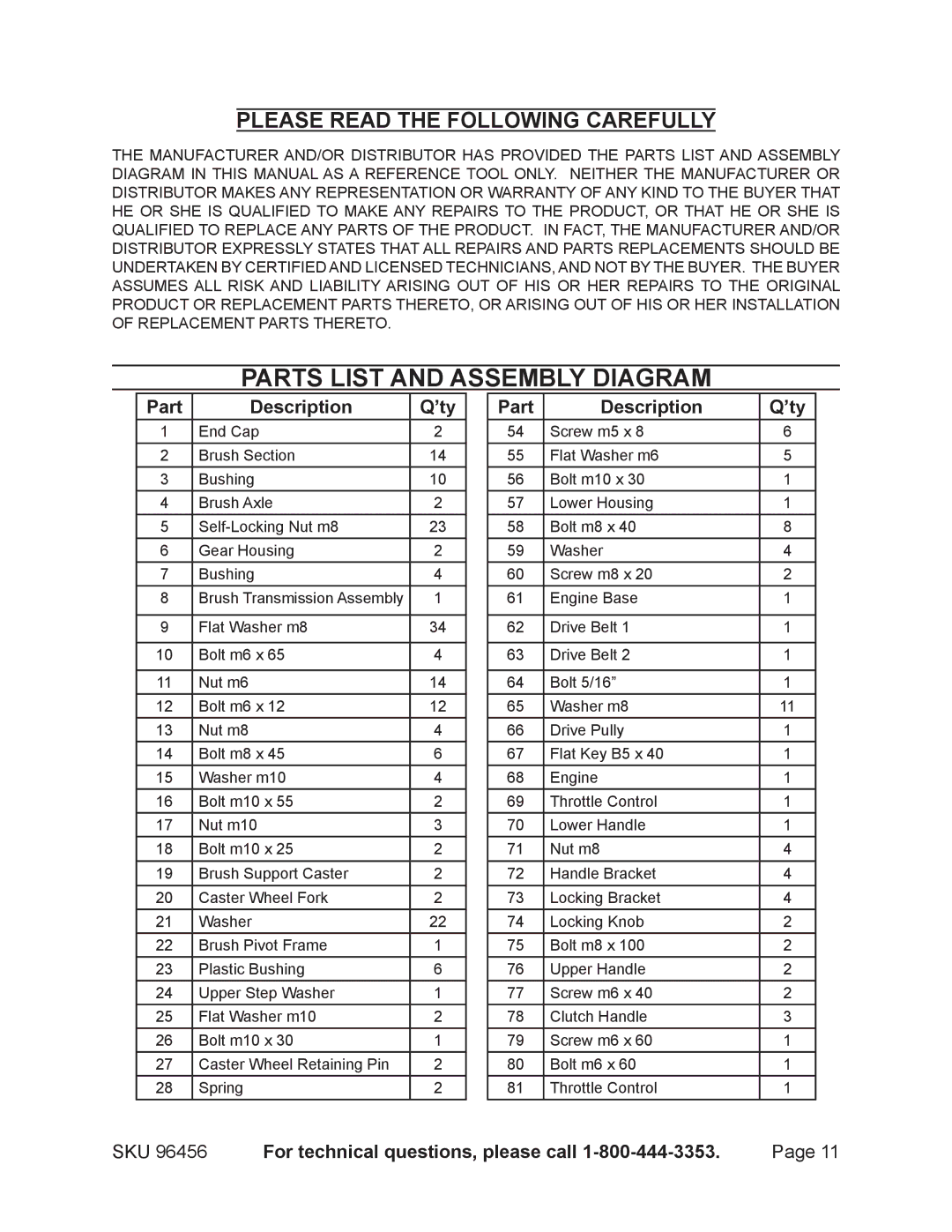 Harbor Freight Tools 96456 Parts List and Assembly Diagram, Part Description ’ty, SKU For technical questions, please call 