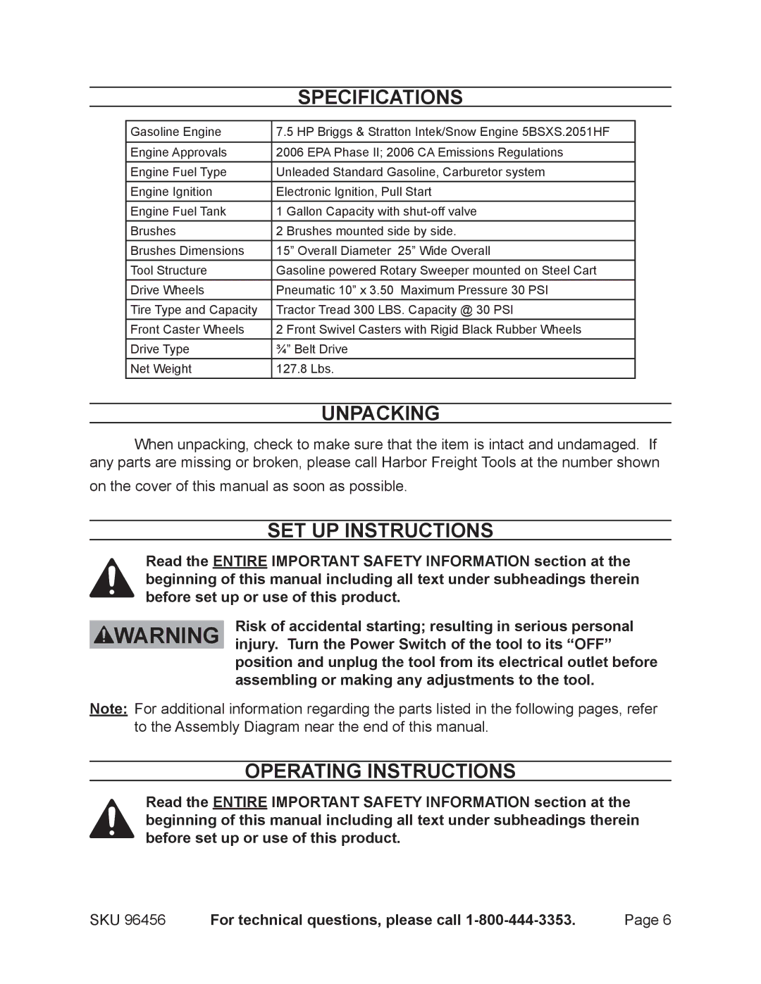 Harbor Freight Tools 96456 manual Specifications, Unpacking, Set Up Instructions, Operating Instructions 