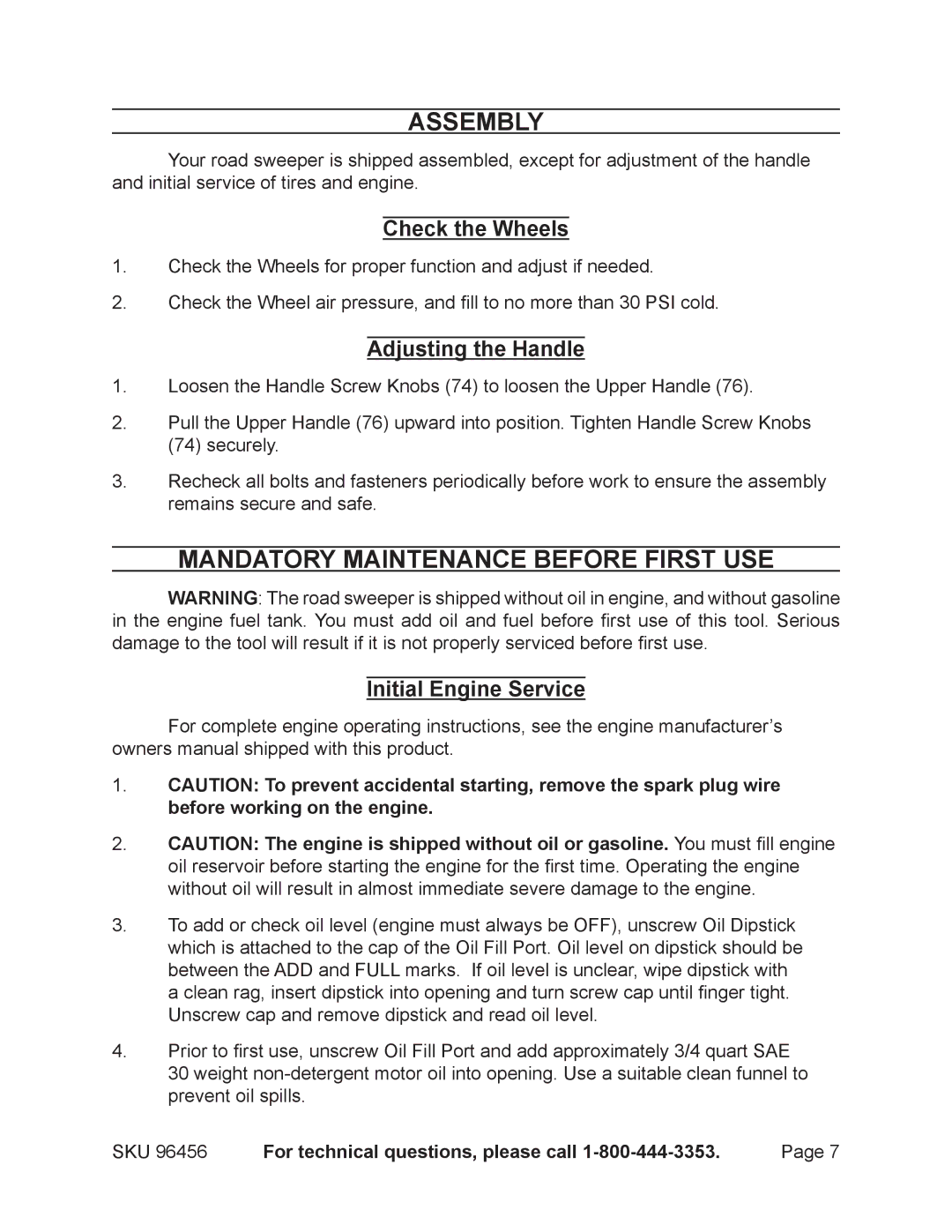 Harbor Freight Tools 96456 manual Assembly, Mandatory Maintenance Before First Use, Check the Wheels, Adjusting the Handle 