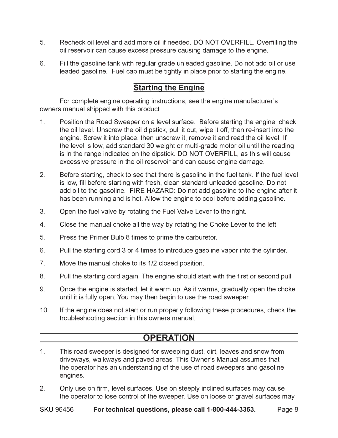 Harbor Freight Tools 96456 manual Operation, Starting the Engine 