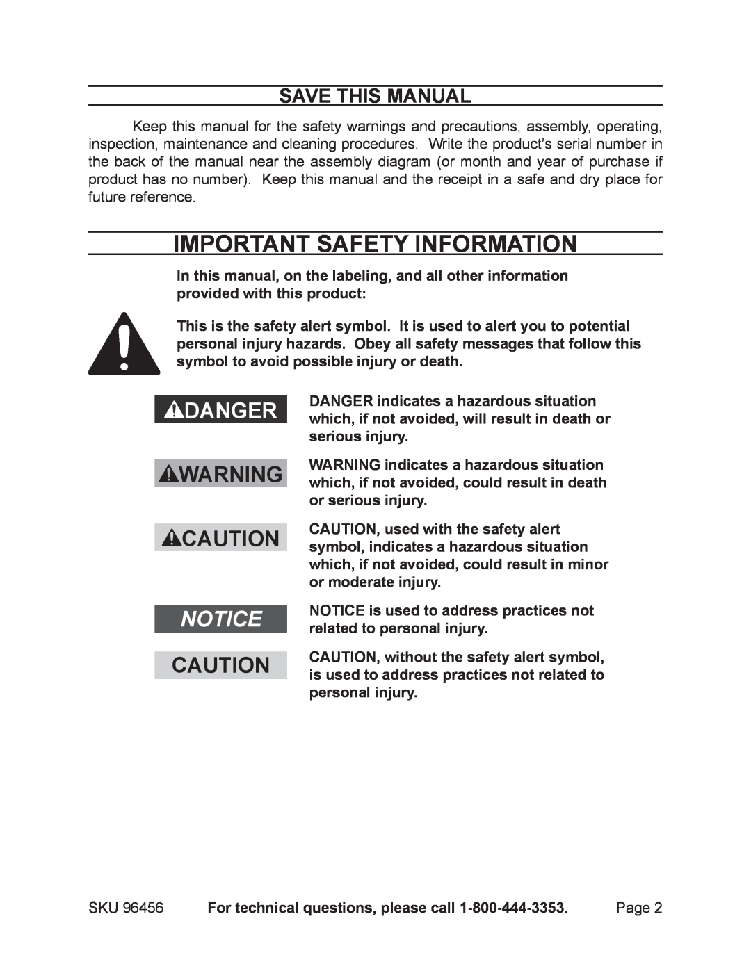 Harbor Freight Tools 96456 manual Important SAFETY Information, Save This Manual, Danger 