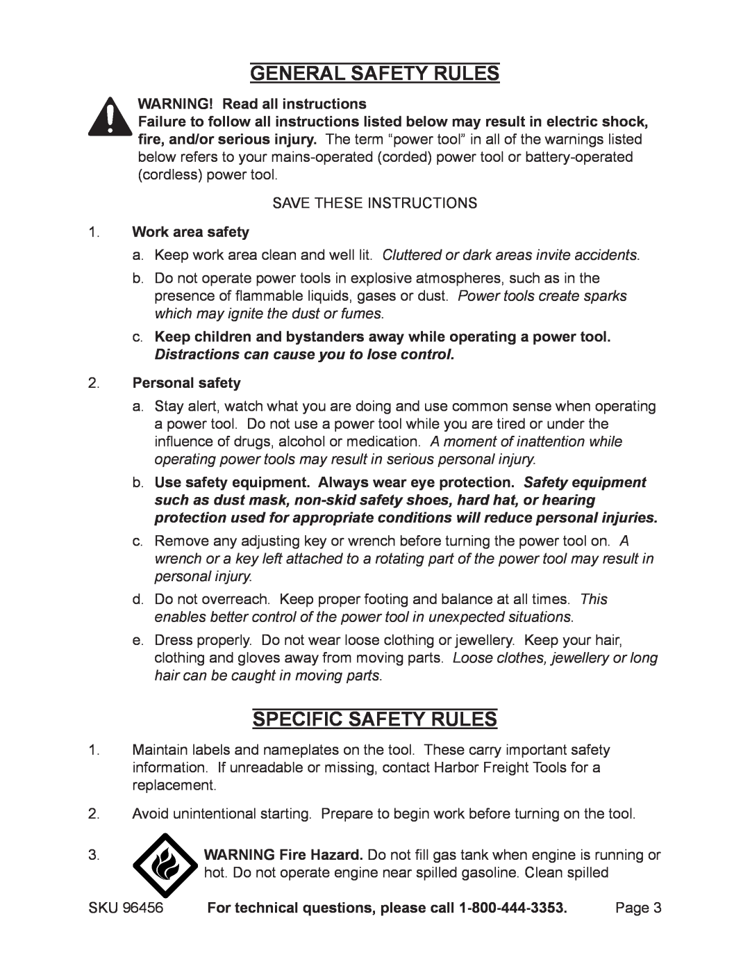 Harbor Freight Tools 96456 General Safety Rules, Specific Safety Rules, WARNING! Read all instructions, Work area safety 
