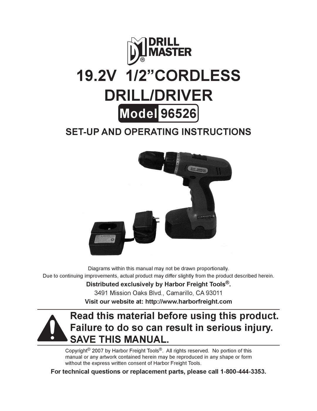 Harbor Freight Tools 96526 operating instructions Distributed exclusively by Harbor Freight Tools 