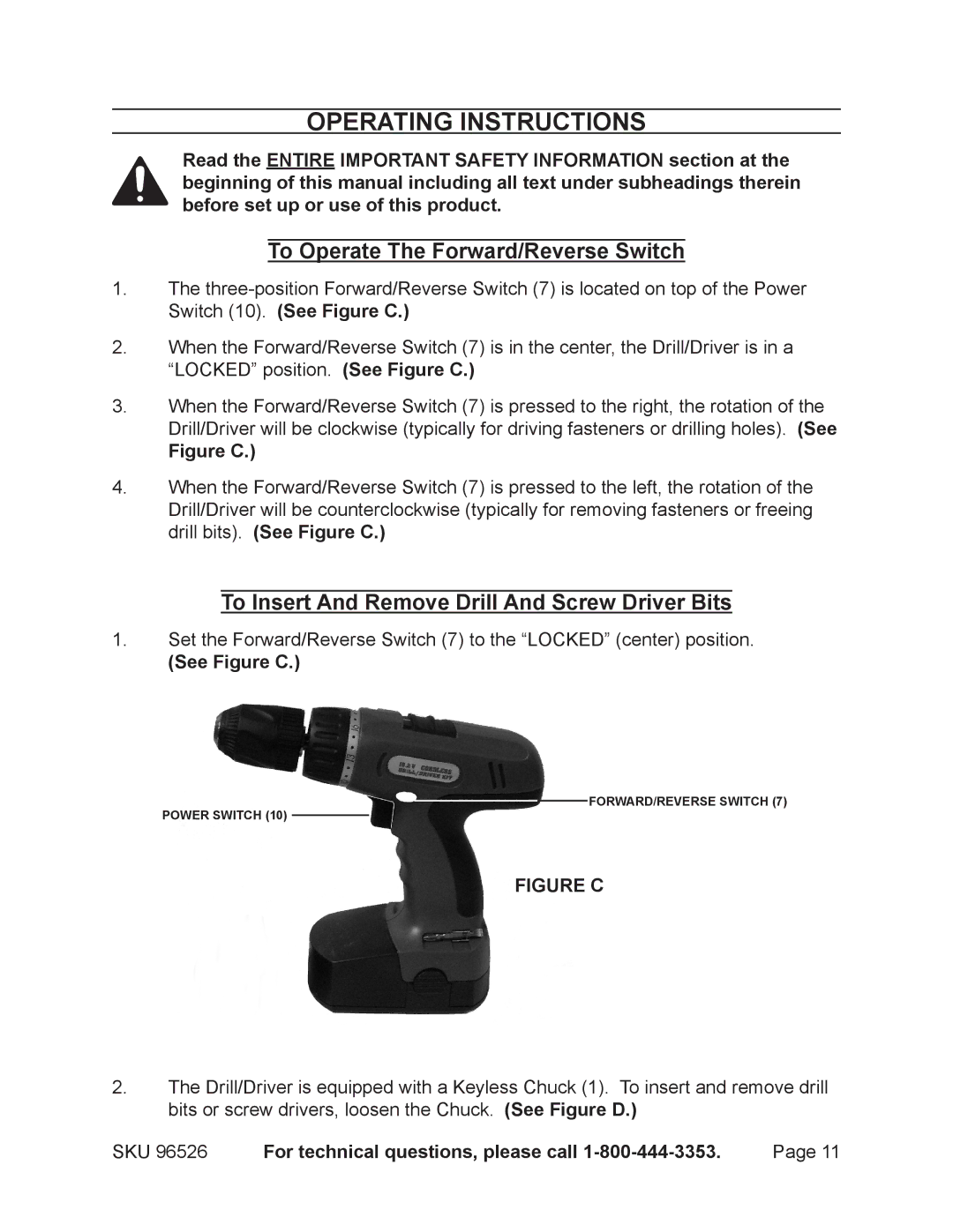 Harbor Freight Tools 96526 Operating Instructions, To Operate The Forward/Reverse Switch, See Figure C 