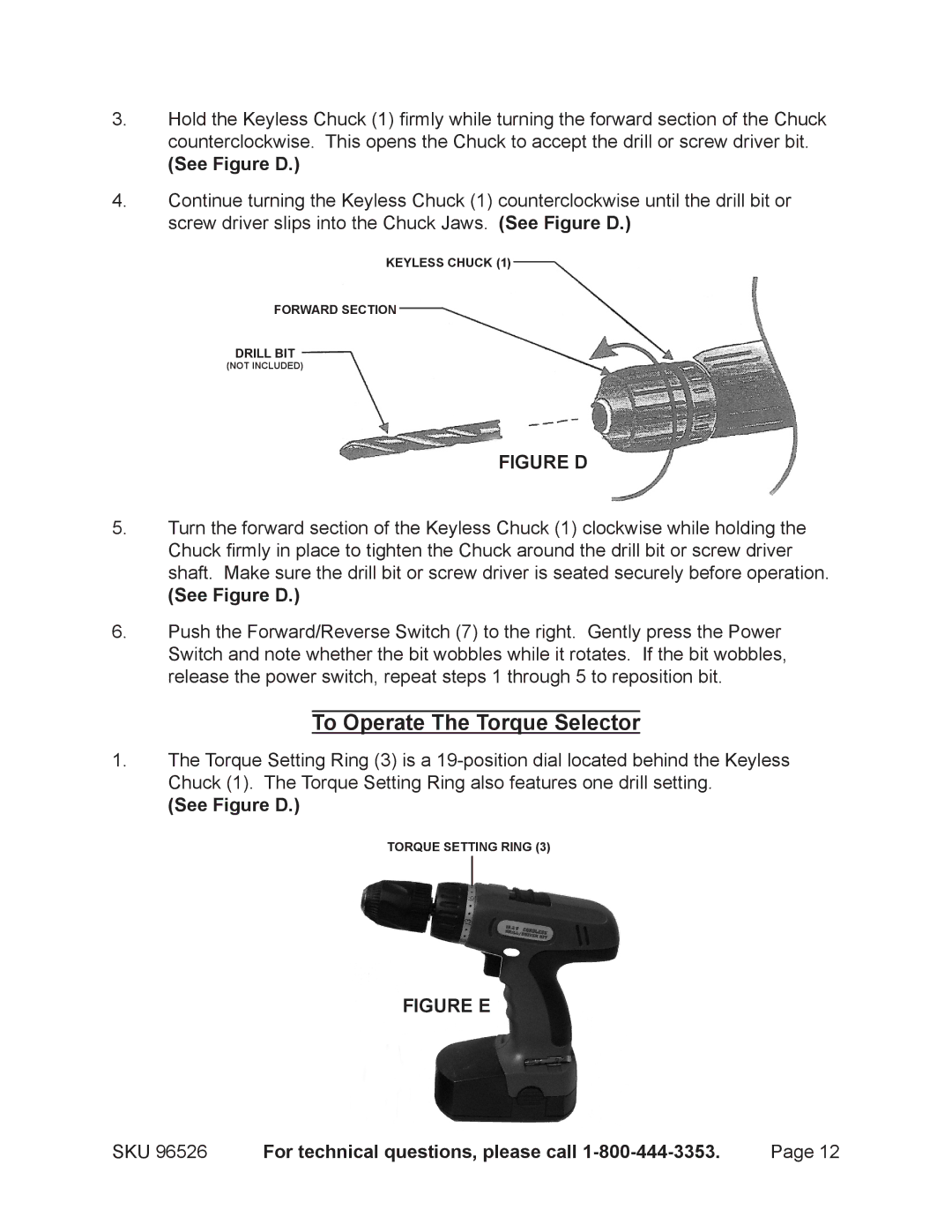 Harbor Freight Tools 96526 operating instructions To Operate The Torque Selector, See Figure D 