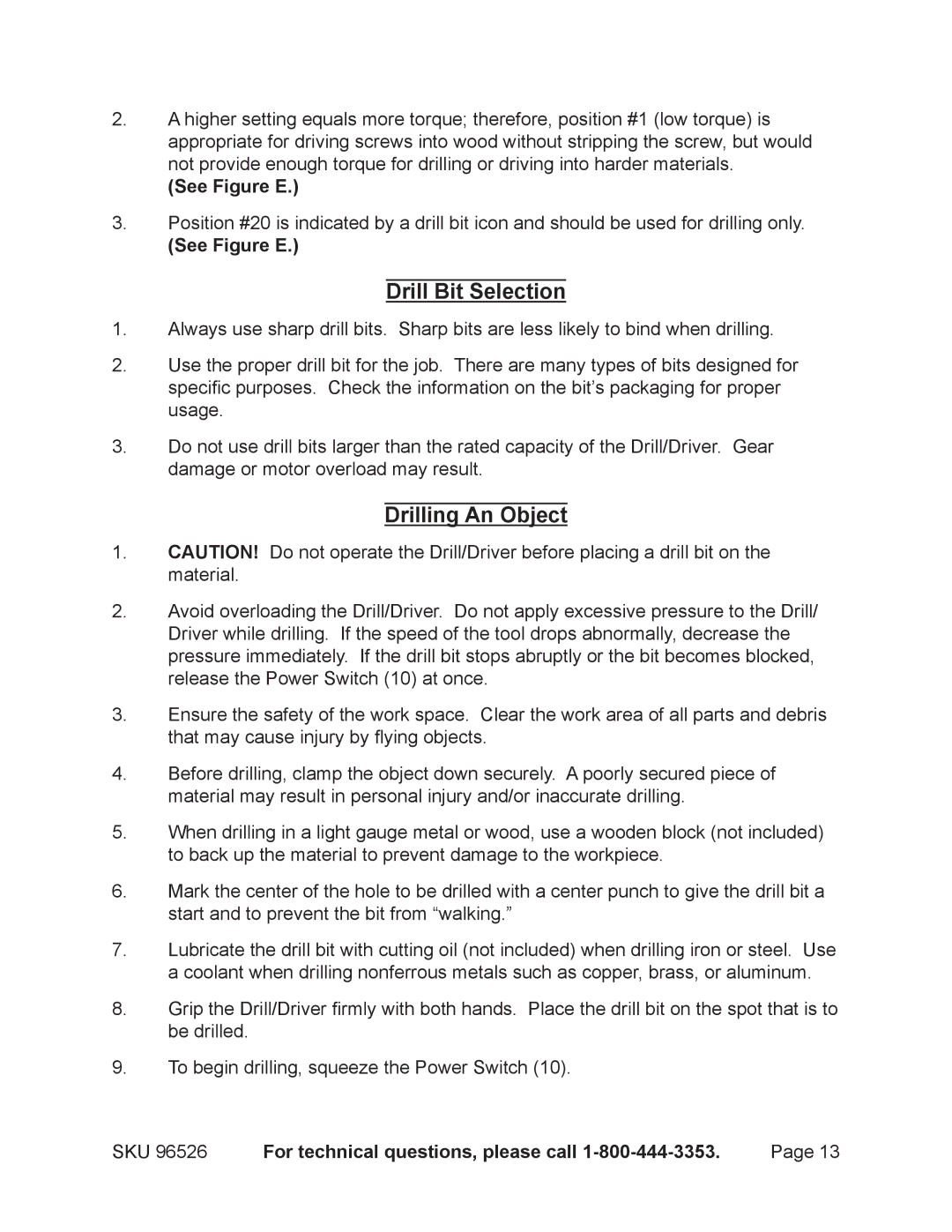 Harbor Freight Tools 96526 operating instructions Drill Bit Selection, Drilling An Object, See Figure E 