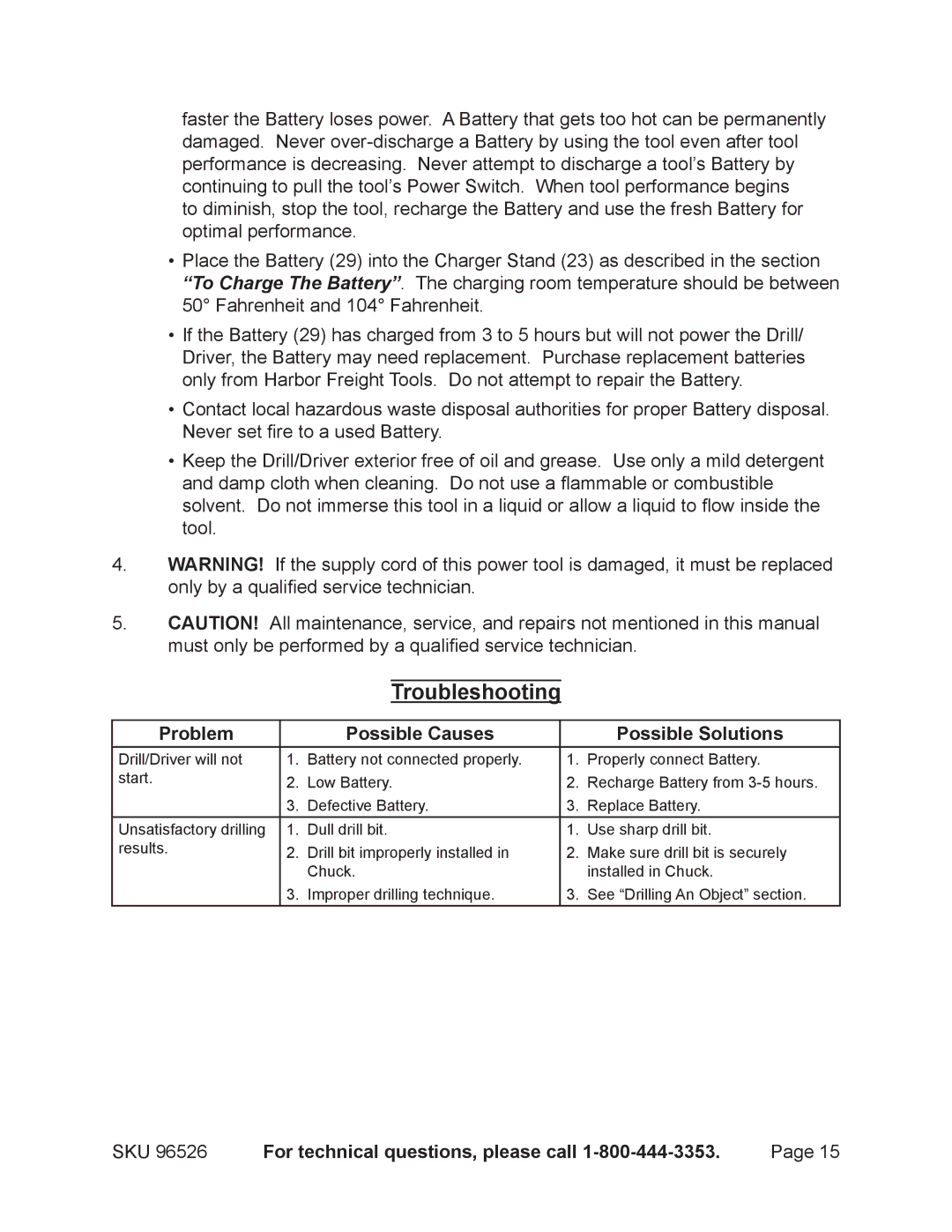 Harbor Freight Tools 96526 operating instructions Troubleshooting, Problem Possible Causes Possible Solutions 