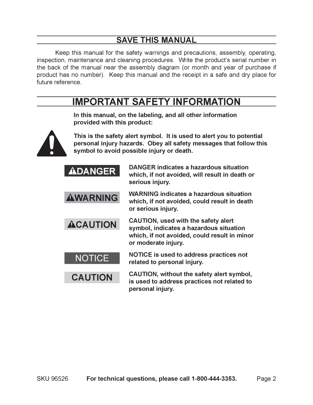 Harbor Freight Tools 96526 operating instructions Save This Manual, For technical questions, please call 