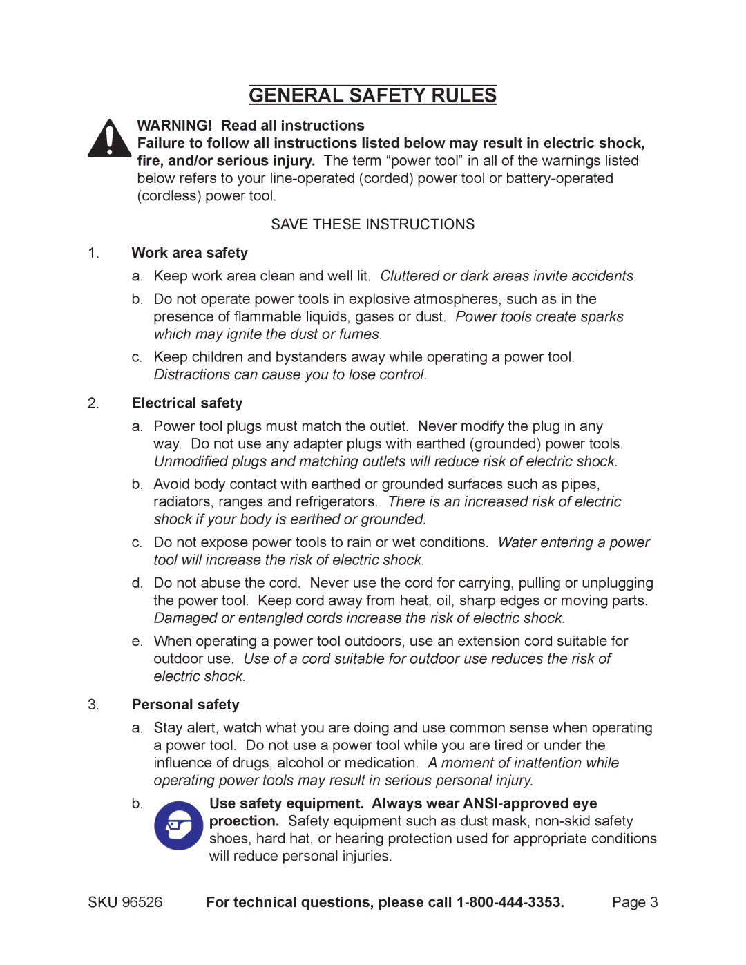 Harbor Freight Tools 96526 General Safety Rules, Work area safety, Electrical safety, Personal safety 