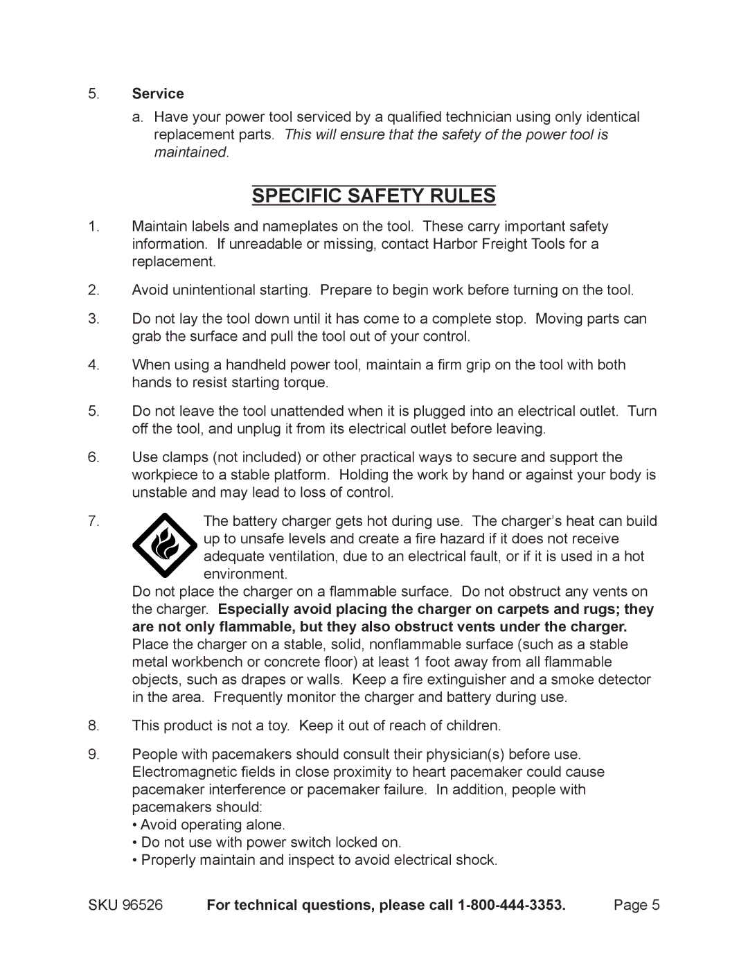 Harbor Freight Tools 96526 operating instructions Specific Safety Rules, Service 