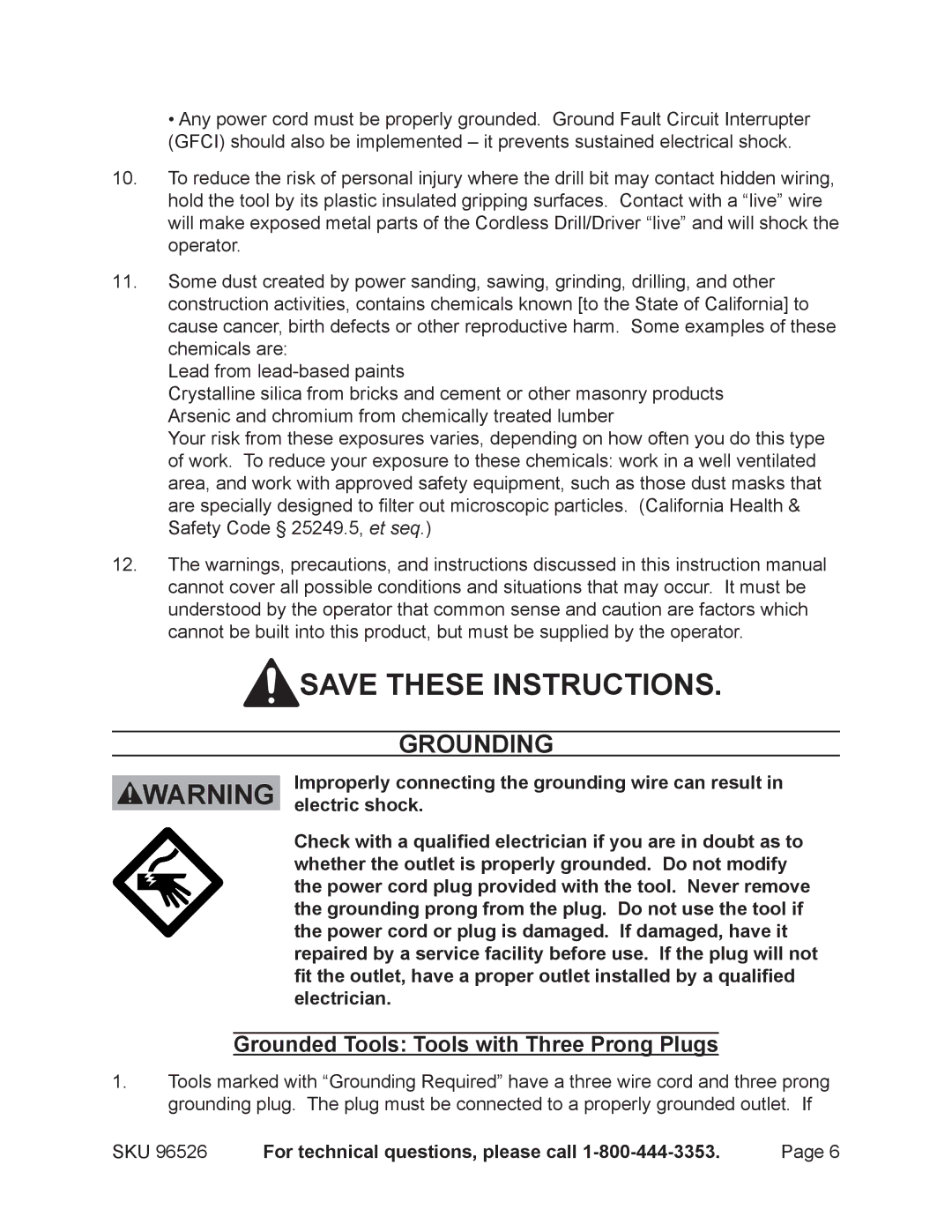 Harbor Freight Tools 96526 operating instructions Grounding, Grounded Tools Tools with Three Prong Plugs, Electric shock 