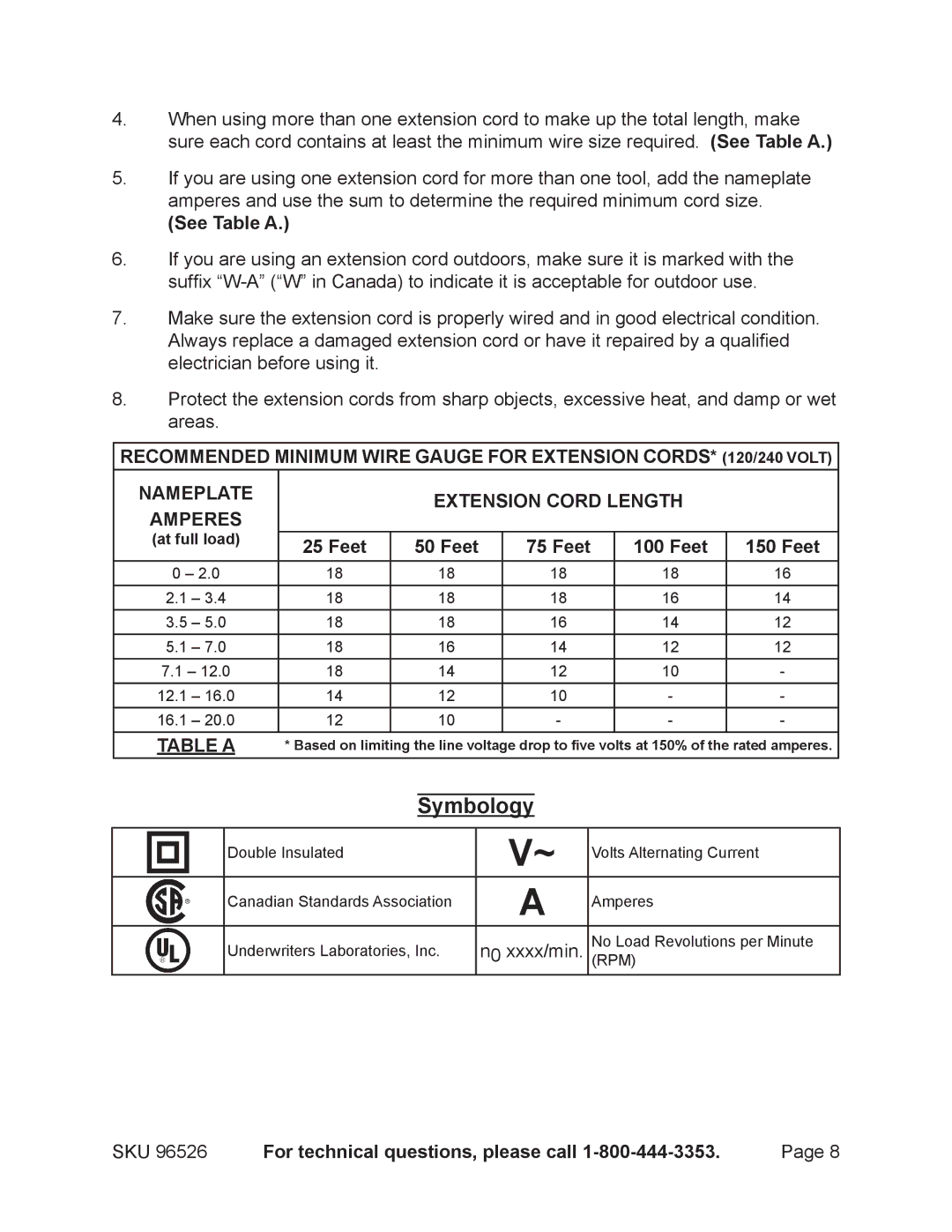 Harbor Freight Tools 96526 operating instructions Symbology, Feet, SKU For technical questions, please call 