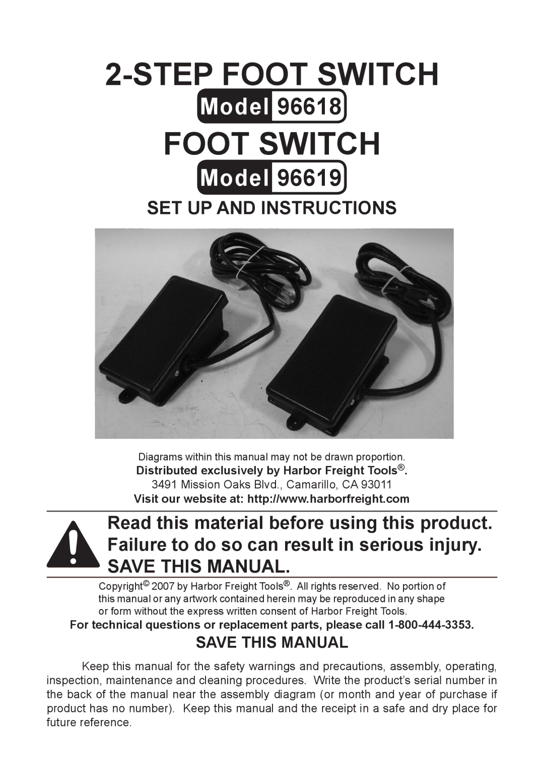 Harbor Freight Tools 96618 manual Foot Switch, Save This Manual 